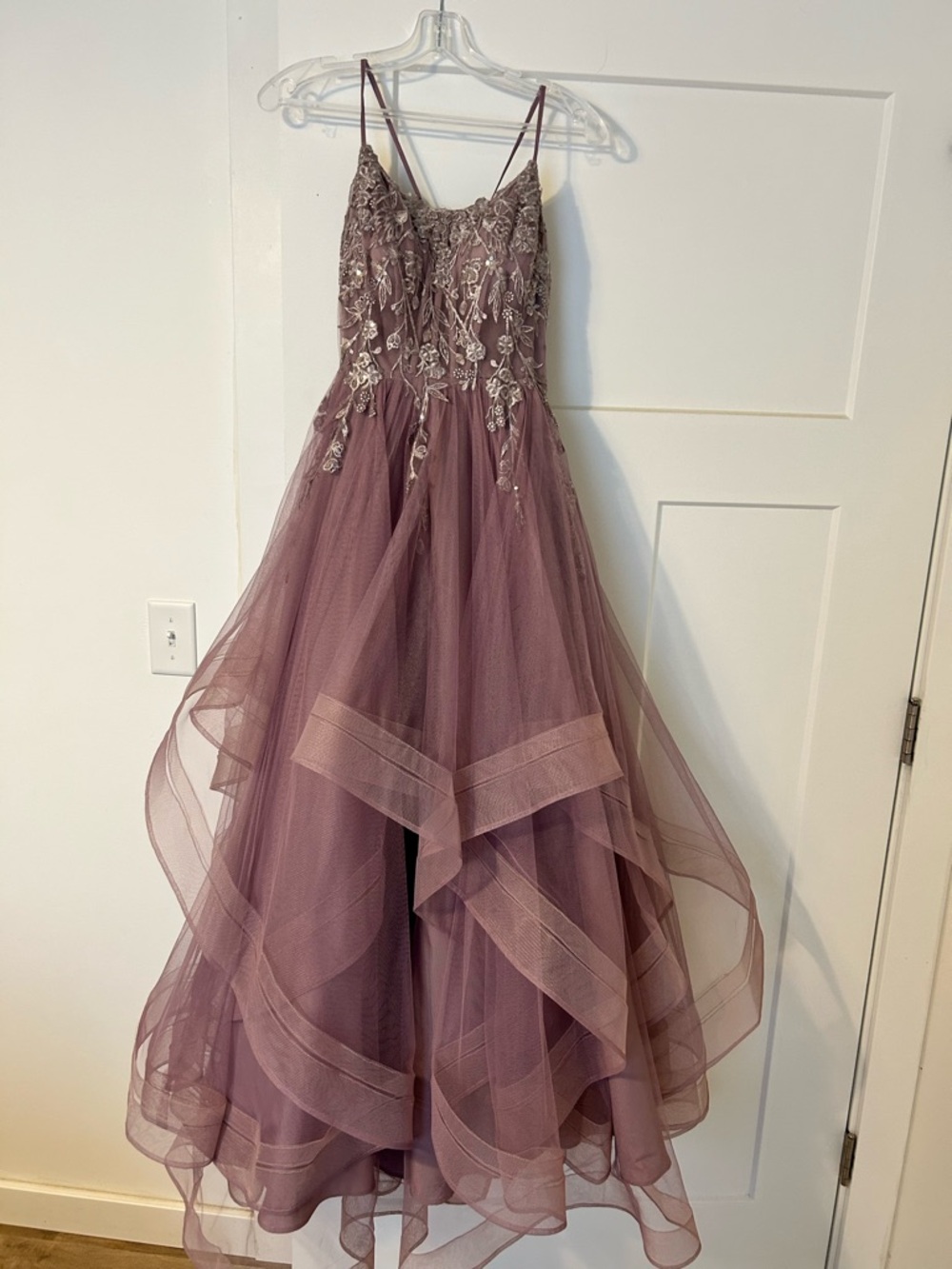 JJs House Dusty Mauve A-Line Prom Dress with Embroidered Bodice